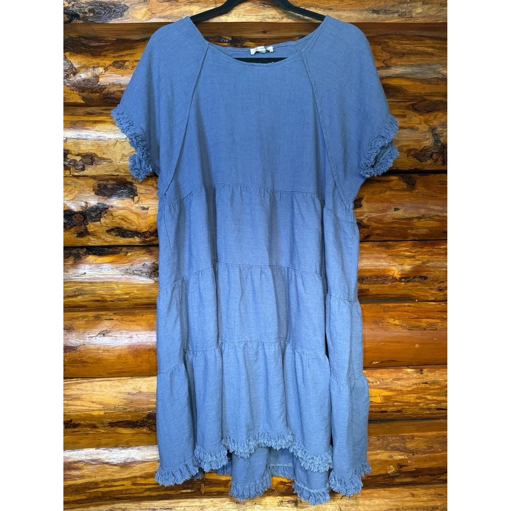 Umgee Blue Linen Blend Raw Hem Dress Size Large